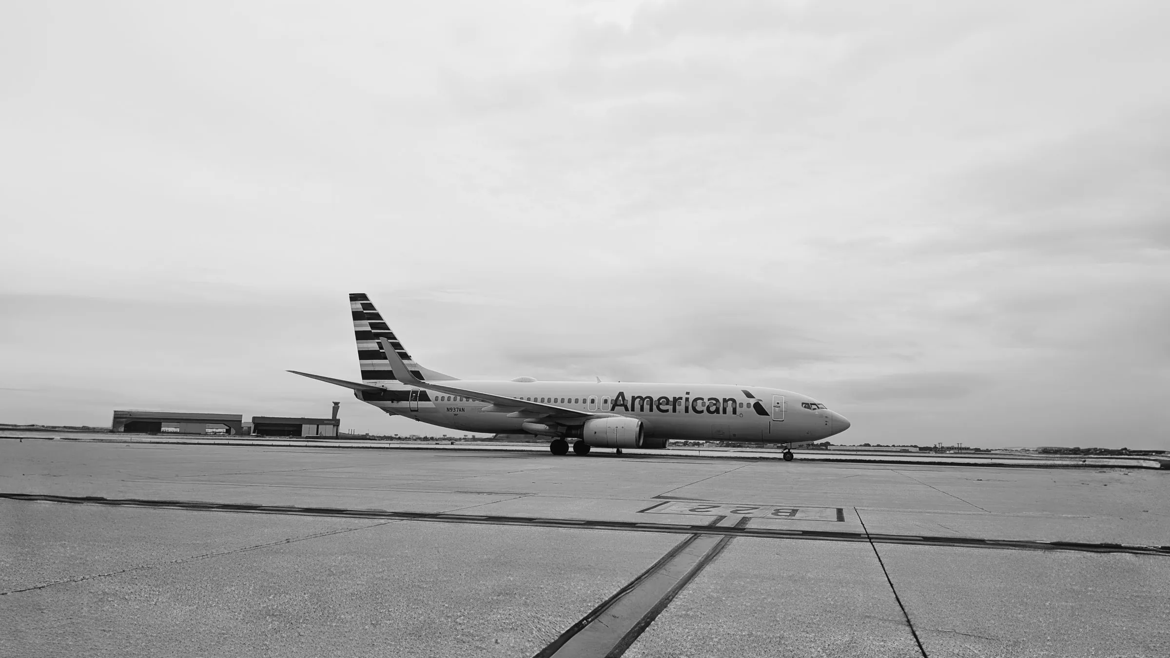 An American Airlines 737 holding on a taxiway at O'Hare.